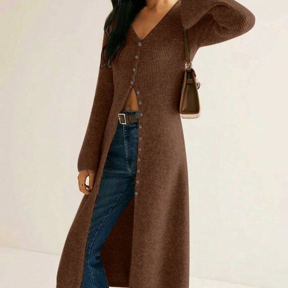 Coffee Brown Casual Women's Knitted Cardigan - Picture 3 of 3